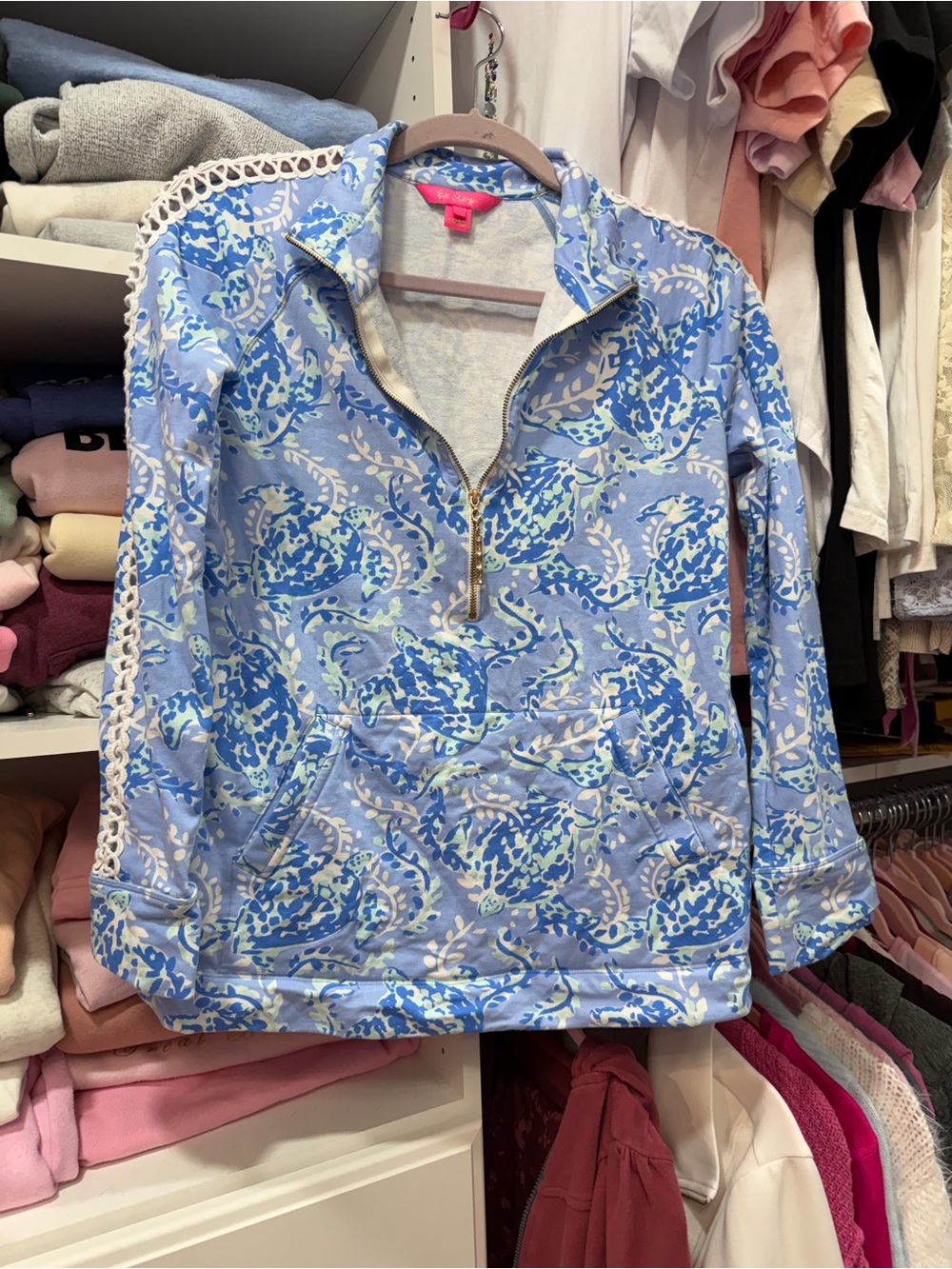 Lilly Pulitzer blue Sea Turtles 1/2 zip with crochet detail on sleeves, small